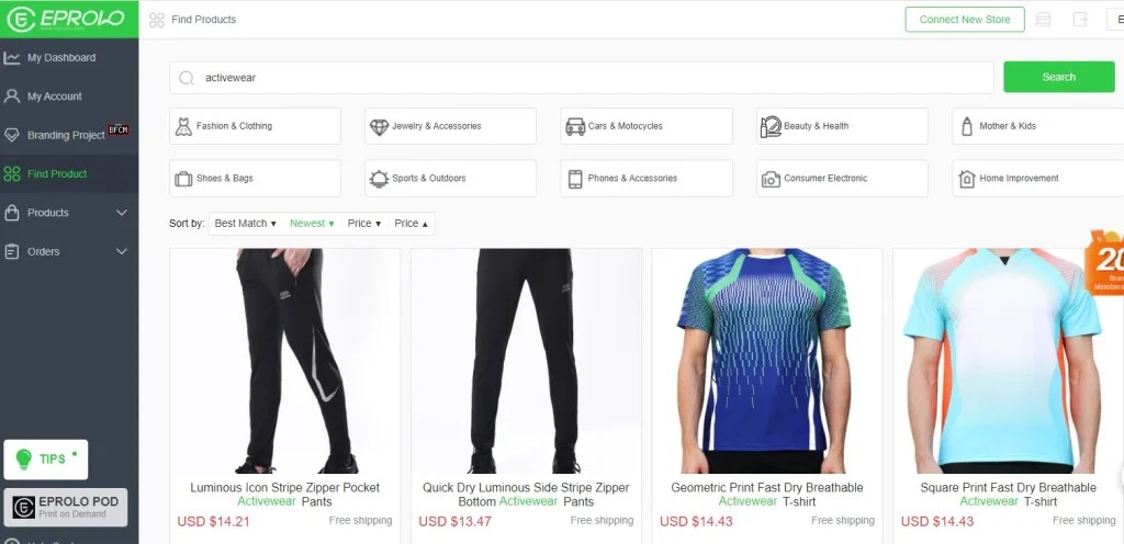 EPROLO activewear & athleisure dropshipping supplier