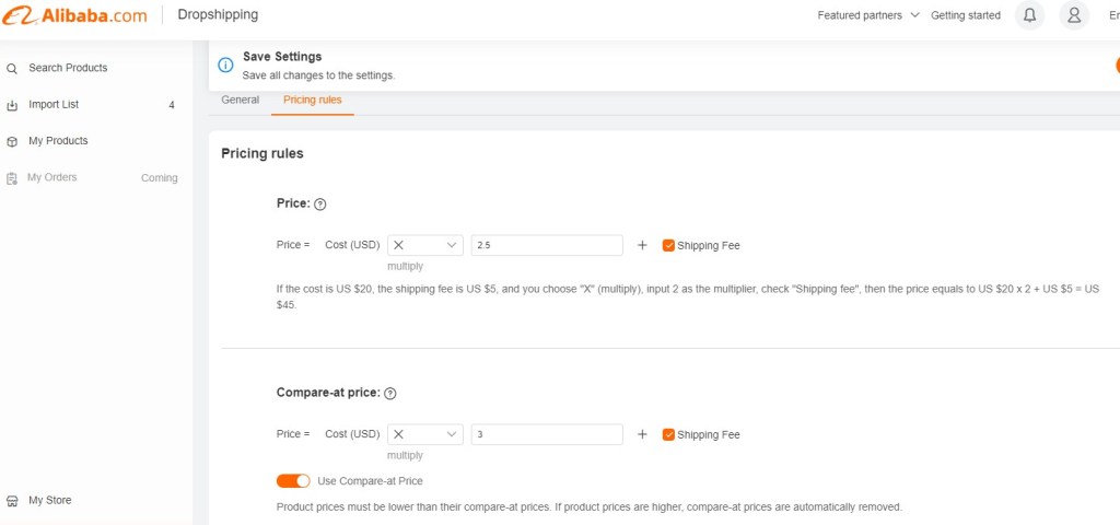 Alibaba Dropshipping Center's pricing rules