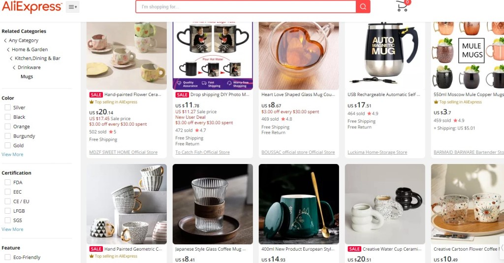 AliExpress coffee mug dropshipping supplier