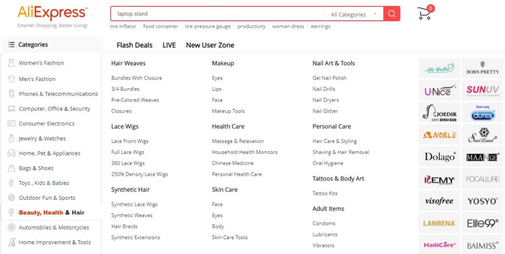 AliExpress Beauty, Health & Hair categories