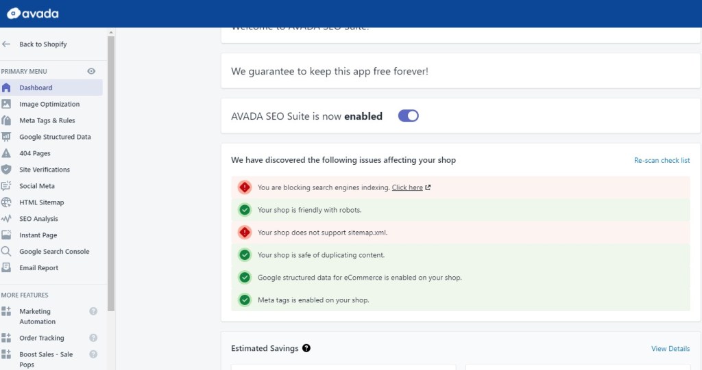 AVADA SEO Suite free Shopify app