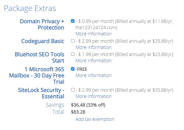 Bluehost package extras