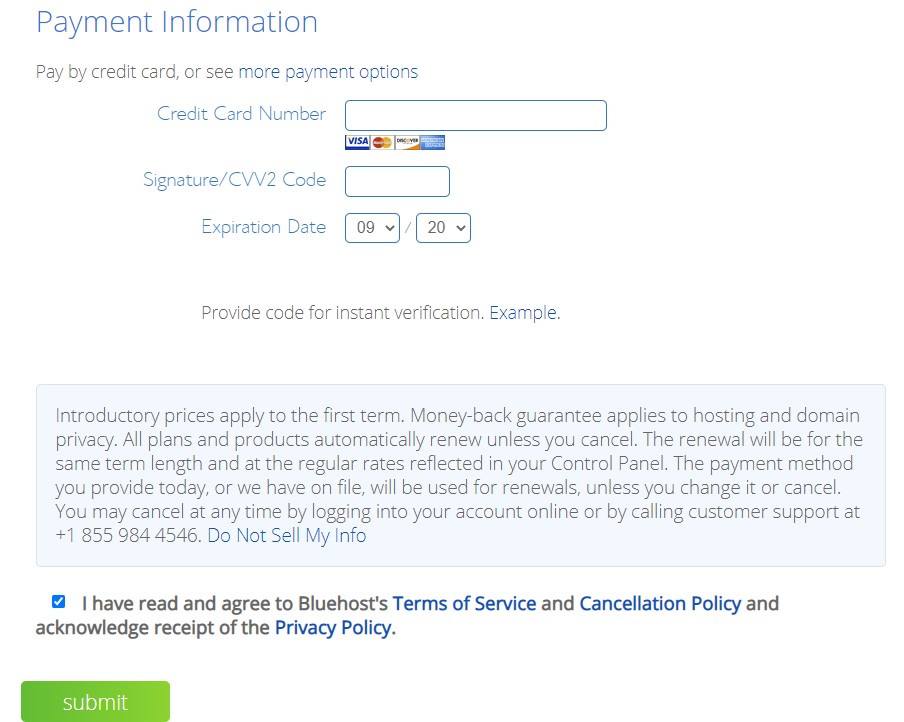 BlueHost payment information