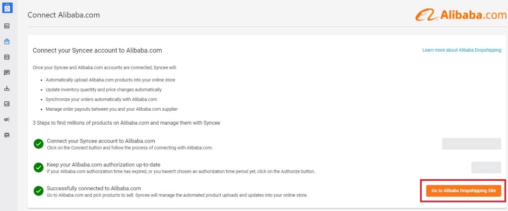 Click "Go To Alibaba Dropshipping site" to access the product catalog