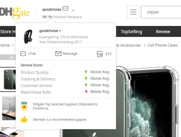 Click on a DHgate seller's name to contact