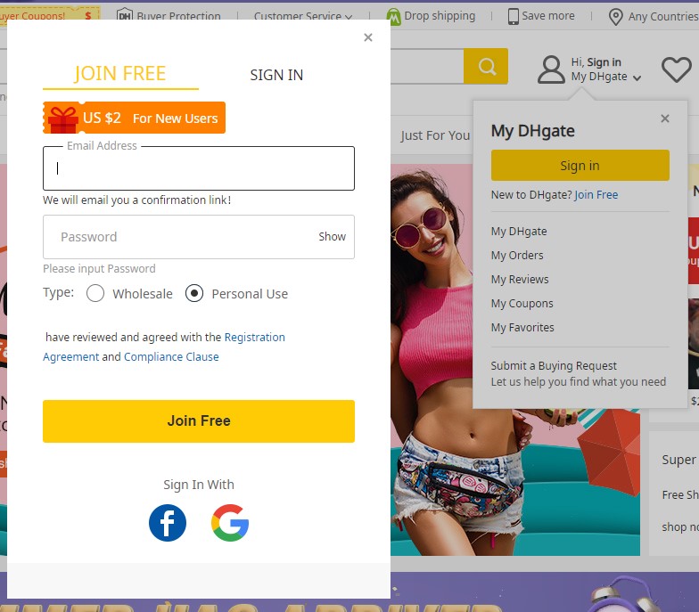 Create a DHgate account