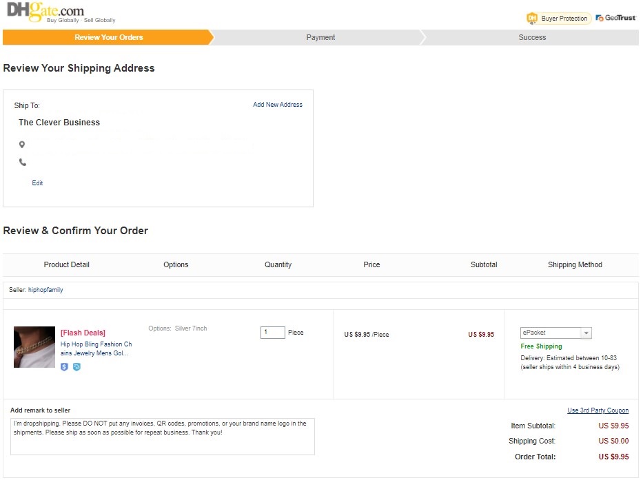 DHgate dropshipping order checkout process