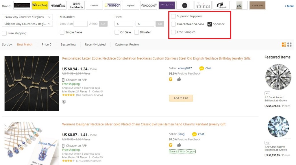 DHgate sponsor search results for jewelry