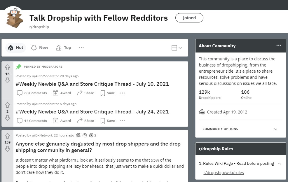 Reddit dropshipping community