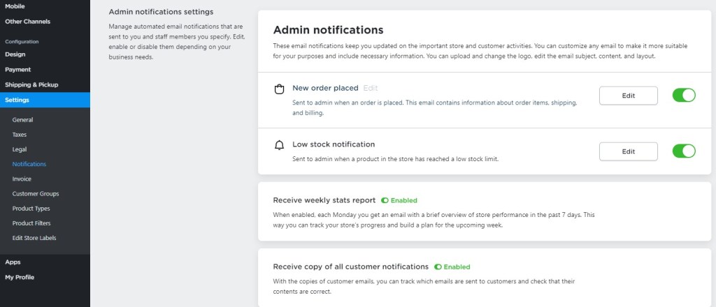 Ecwid admin notifications