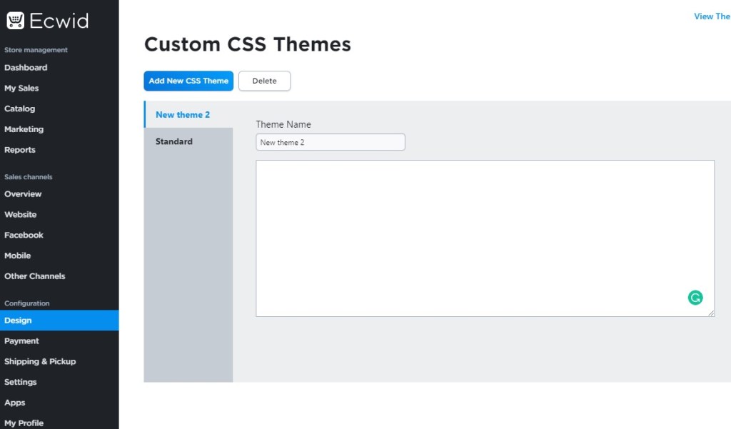 Ecwid CSS code panel