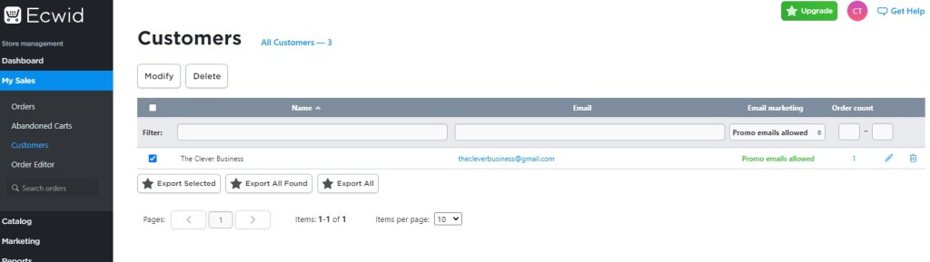 Ecwid customers tab
