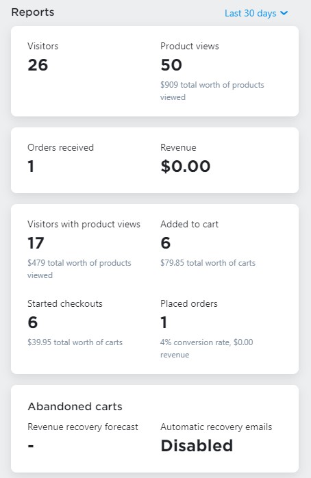 Ecwid dashboard stats