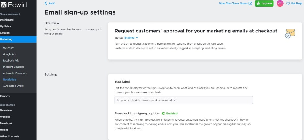 Ecwid email signup options