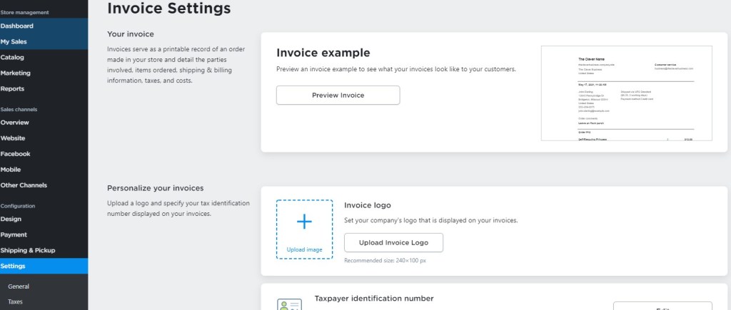 Ecwid invoice settings