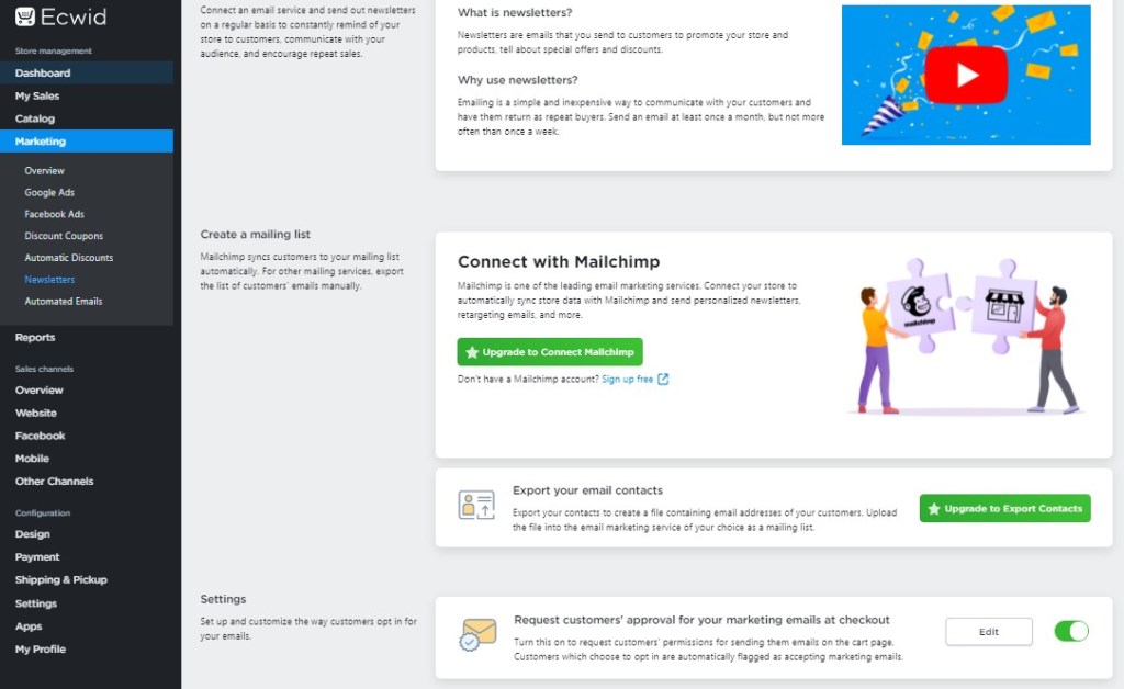 Ecwid newsletters setup