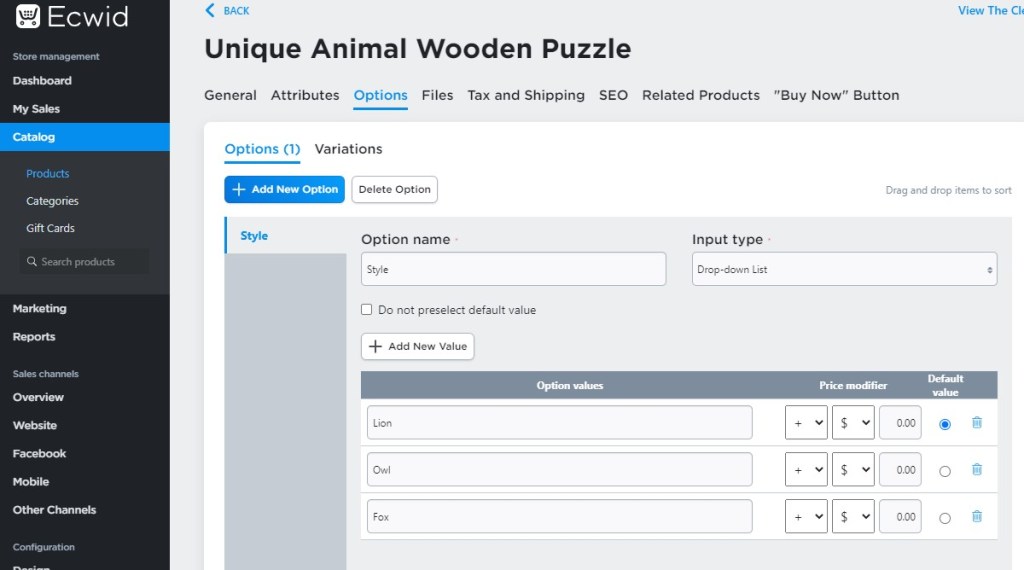 Ecwid product options