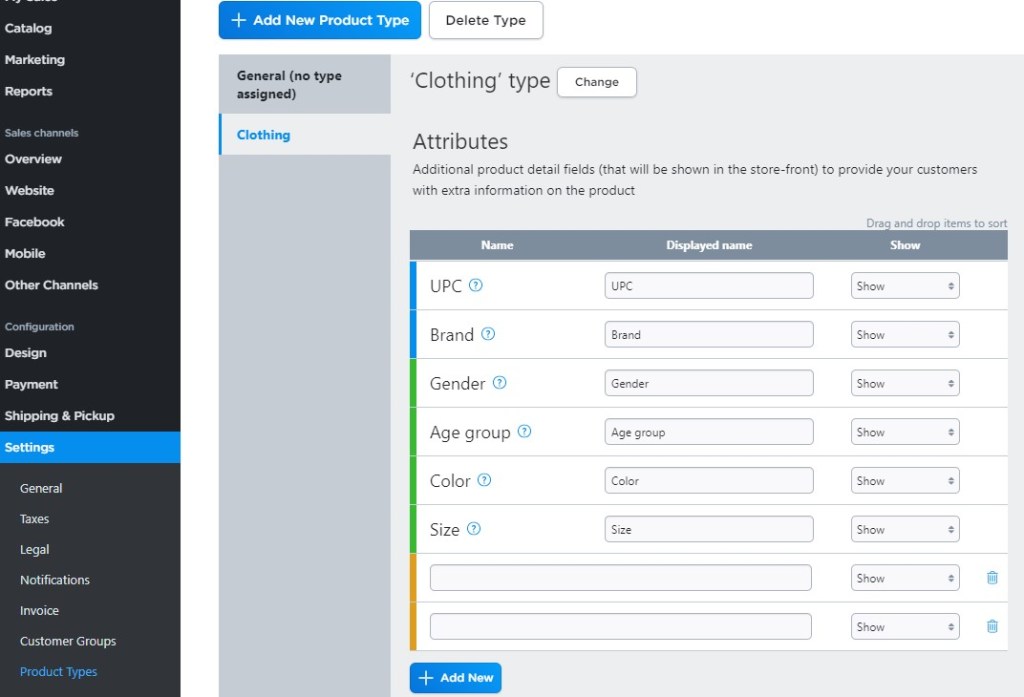 Ecwid product types editor