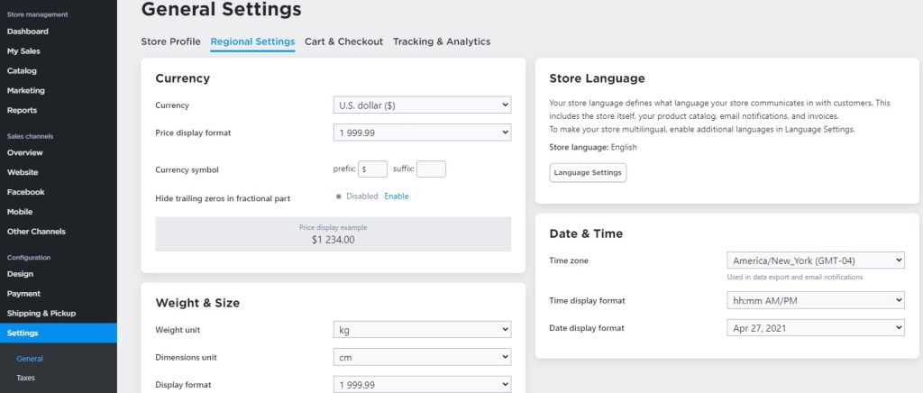 Ecwid regional settings