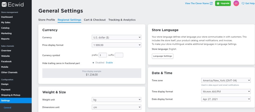 Ecwid regional settings