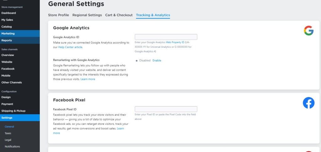 Ecwid tracking settings