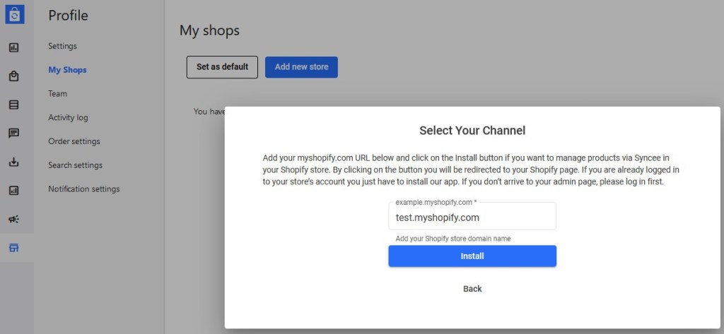 Enter Shopify store URL in Syncee