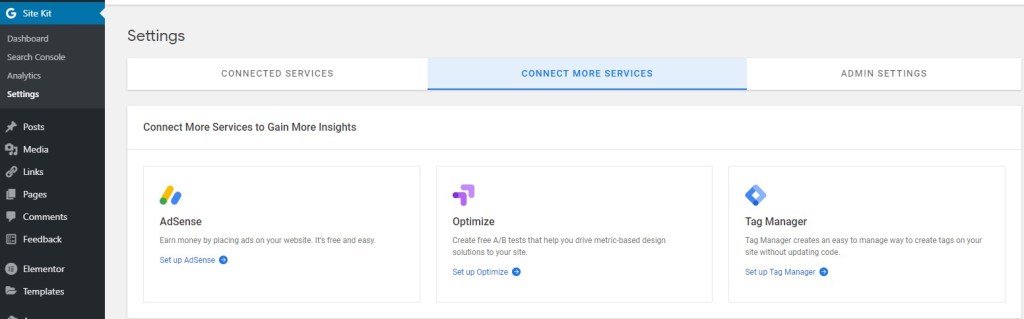 Google Site Kit settings