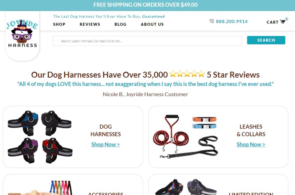 JoyRideHarness dropshipping store homepage