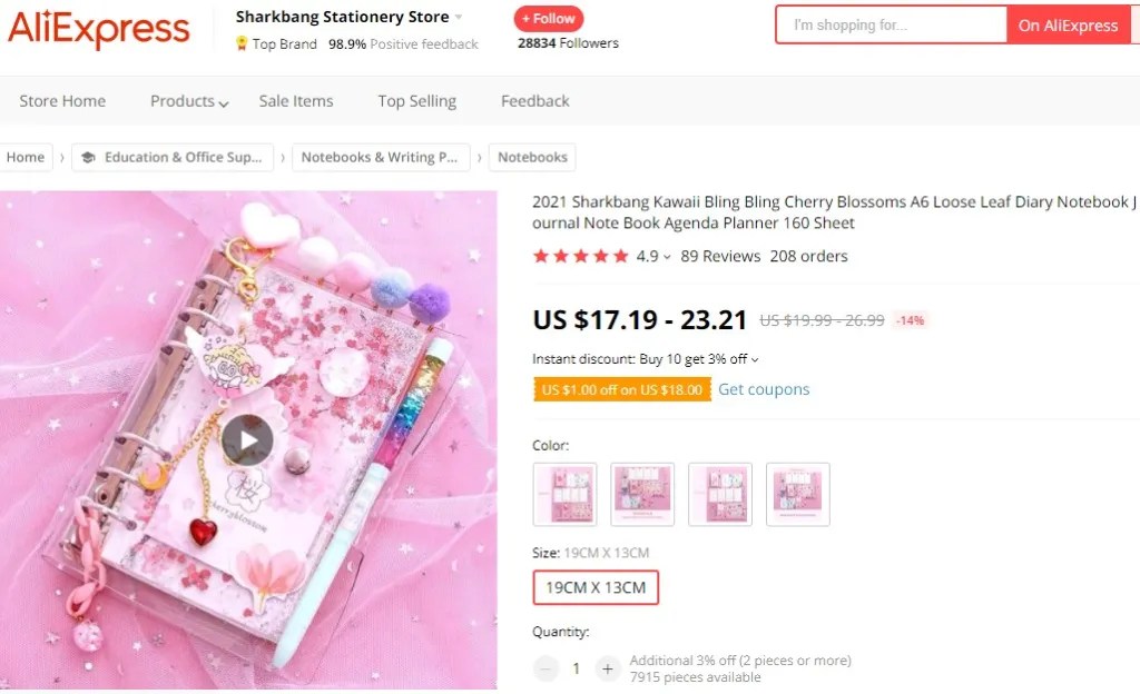 Kawaii journal dropshipping product example