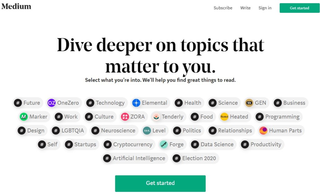 Medium blogging platform homepage