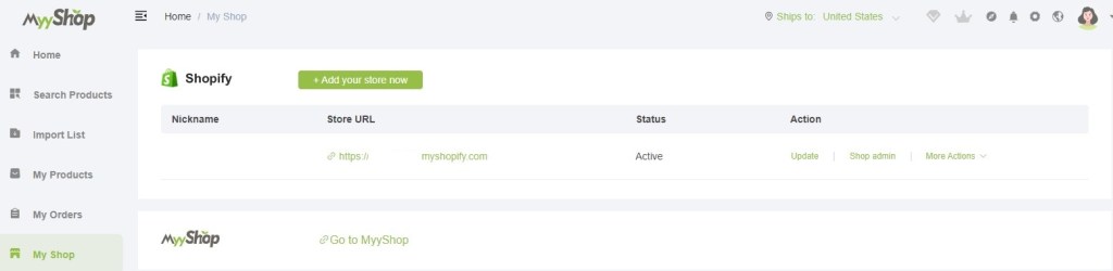 MyyShop Shopify after setup