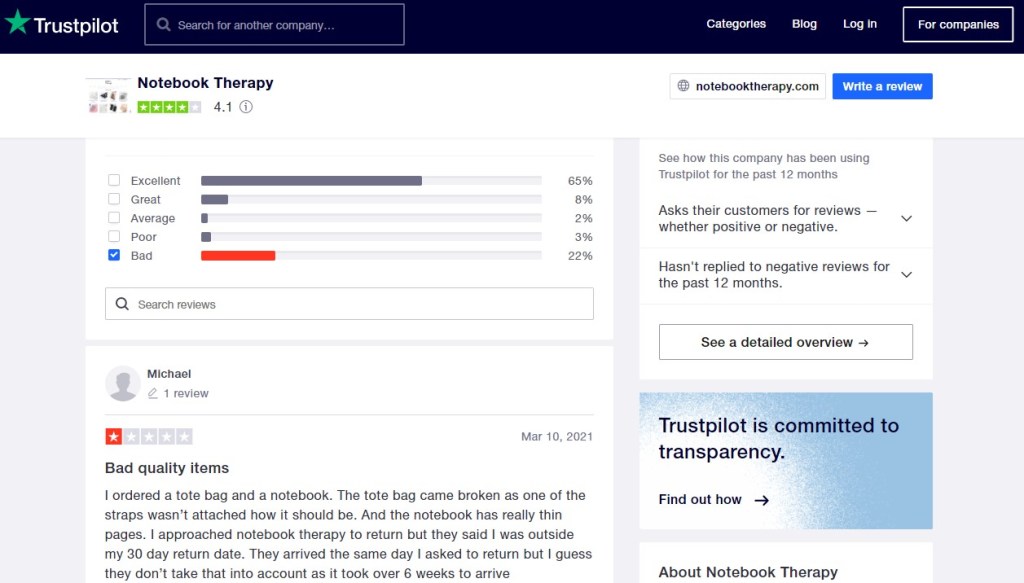 NotebookTherapy dropshipping store review on TrustPilot