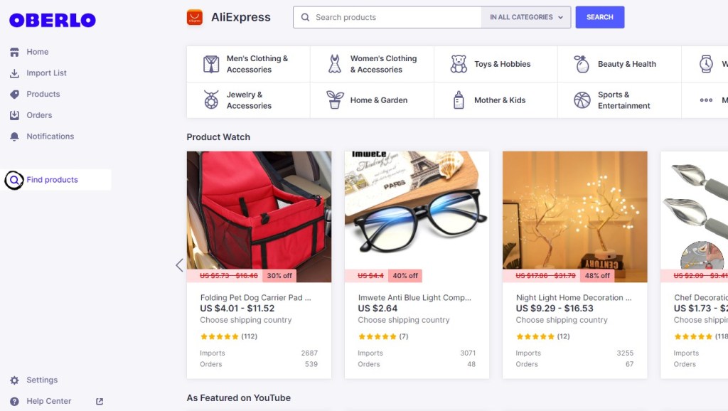 Oberlo Shopify dropshipping app for importing and fulfilling products