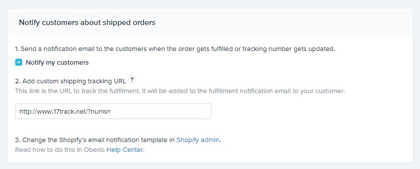 Oberlo notify-customers setting