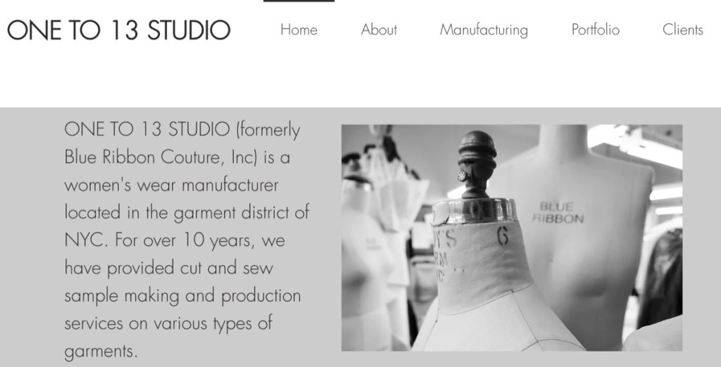 One To 13 Studio clothing manufacturer in New York