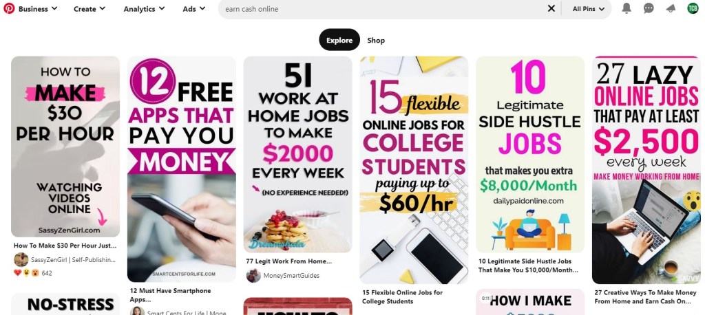 Pinterest search results for "earn cash online"