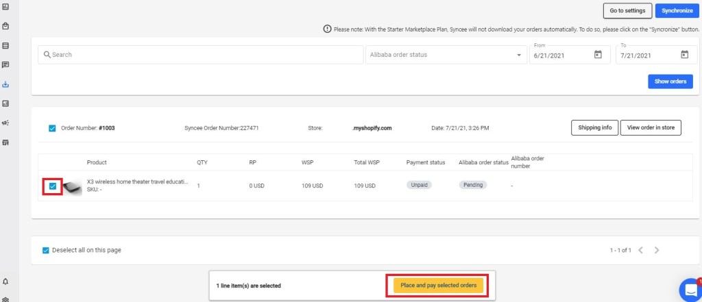 Place and pay Alibaba orders in Syncee