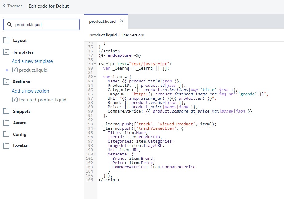 Add tracking code to product.liquid file