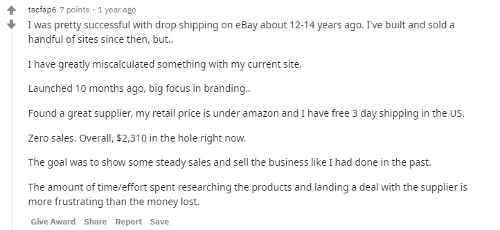 Reddit dropshipping failure story 1