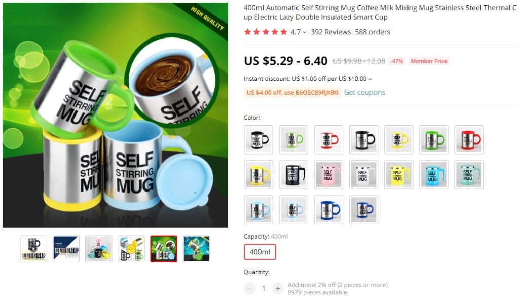 Self stirring coffee mug dropshipping product example