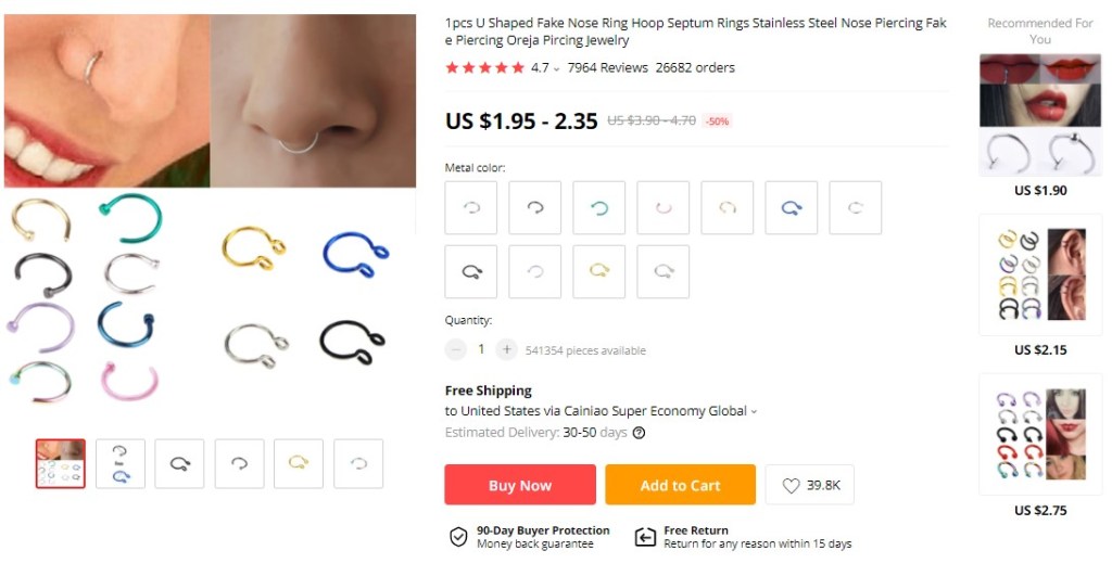 Stainless Steel Piercing Septum Rings on AliExpress