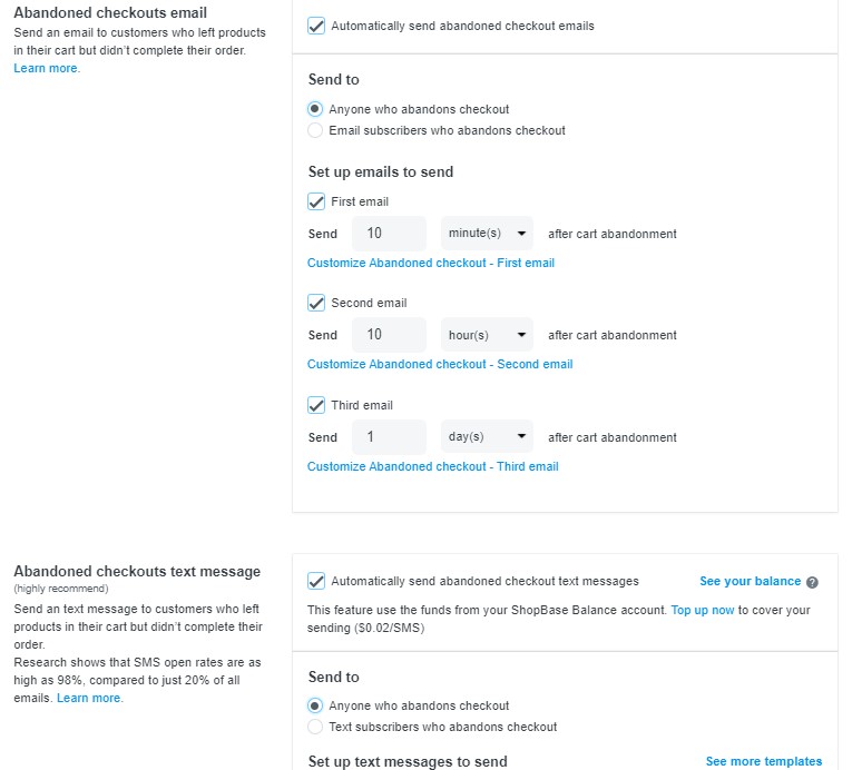 ShopBase abandoned checkouts emails and text messages