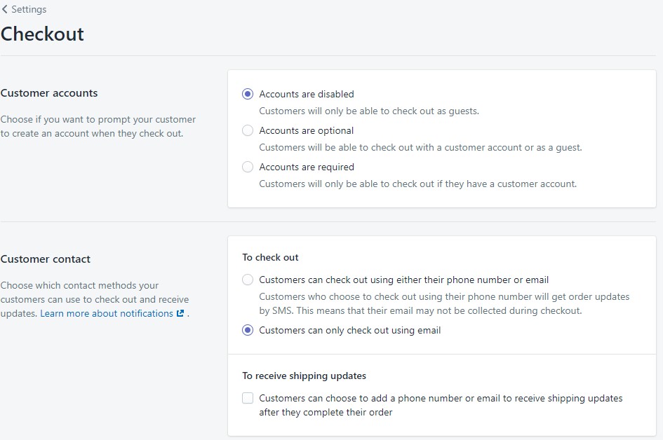 Shopify checkout settings
