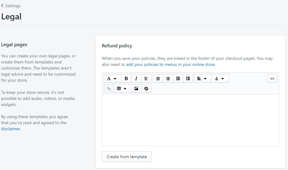 Shopify legal pages