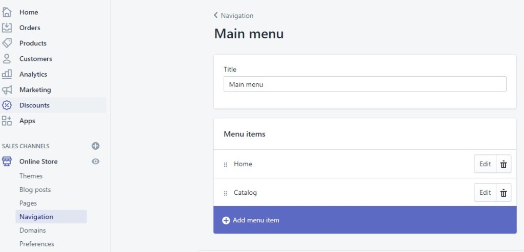 Shopify navigation settings