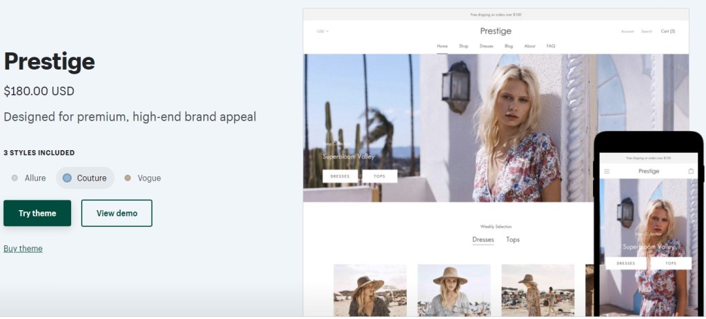 Shopify Prestige theme for clothing dropshipping stores