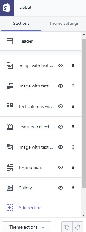 Shopify sections tab