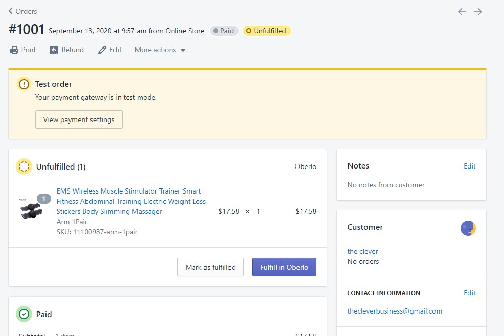 Shopify test order information