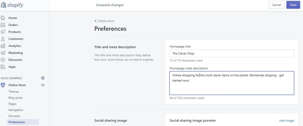 Shopify title and meta description field