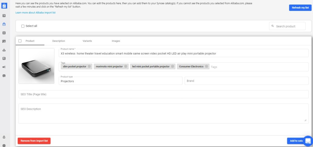 Syncee Alibaba import list